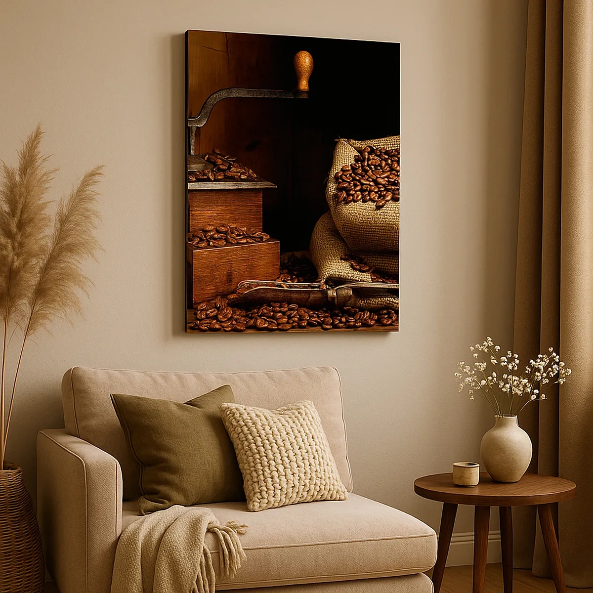 Schilderen op canvas - Stilleven met koffiebonen en een molen - 50x70 cm