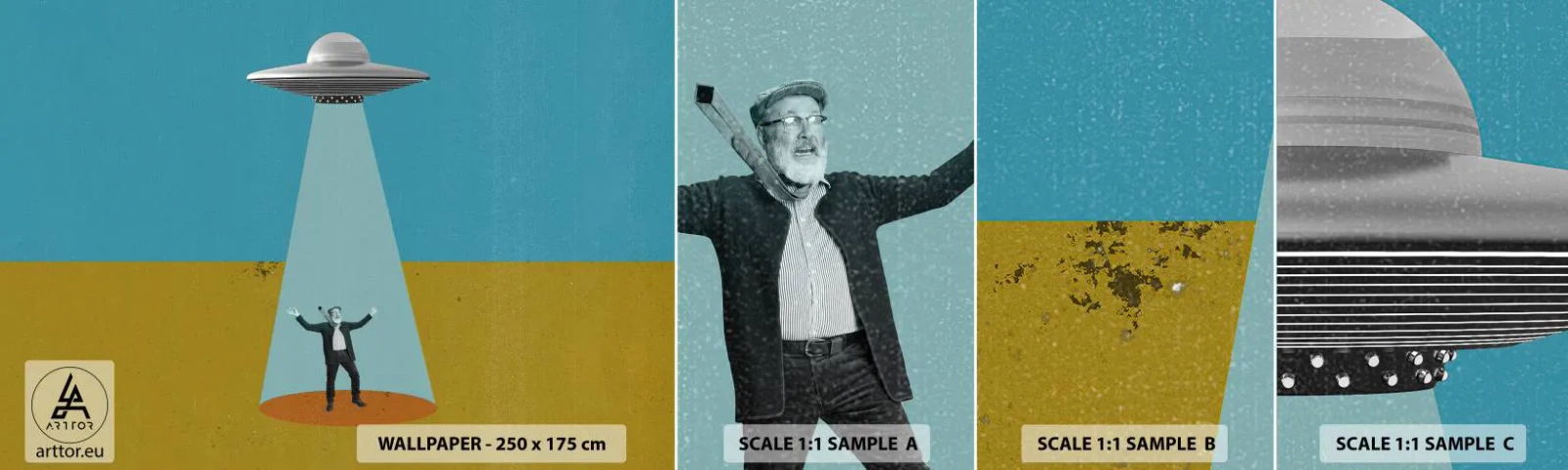 Fotobehang Staaltje Standard Eco - Een nauwe ontmoeting - Ufo, Moderne kunst, Surrealisme - 100x30 cm