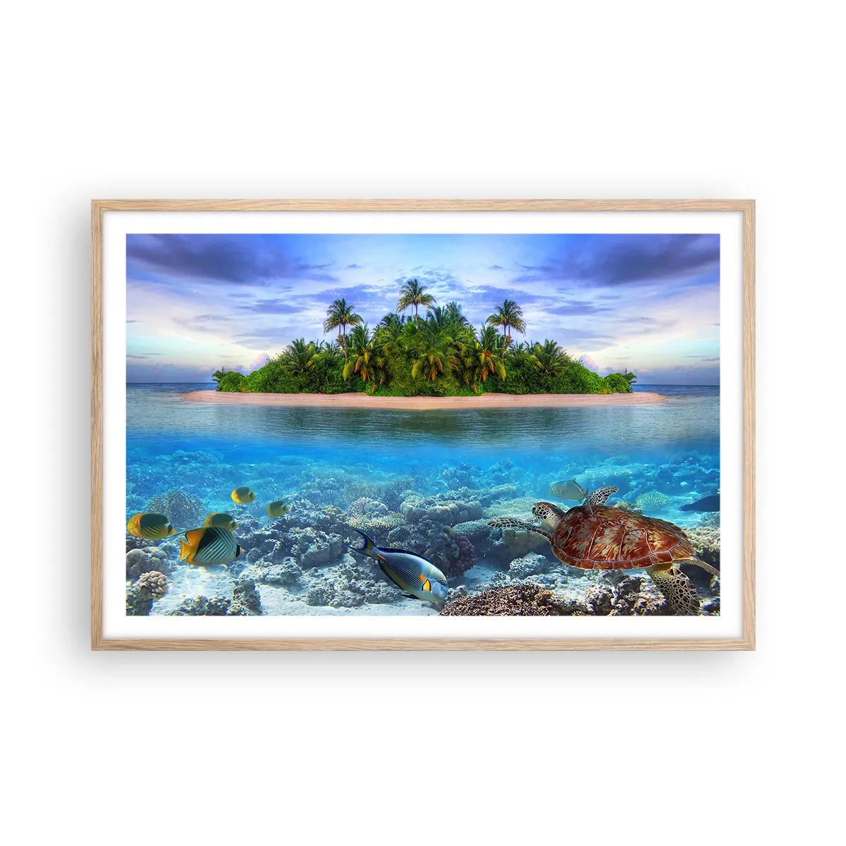 Een poster in een licht eiken lijst - Hemels eiland nodigt je uit - 91x61 cm