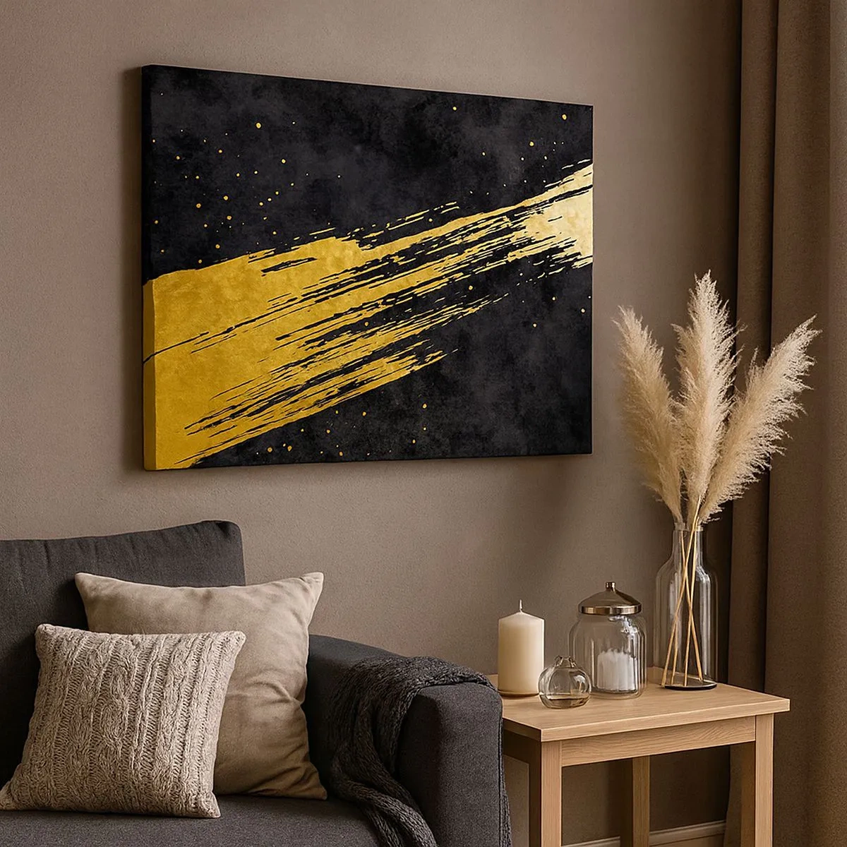 Schilderen op canvas - Zwarte achtergrond met dynamische gouden penseelstreken - 70x50cm - Spring in hyperruimte - Moderne wanddecoratie voor woonkamer en slaapkamer ARTTOR