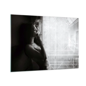 Schilderen op glas - Vrouw die bij het raam rookt in zwart-wit - 70x50cm - Een sensueel moment - Moderne wanddecoratie voor woonkamer en slaapkamer ARTTOR