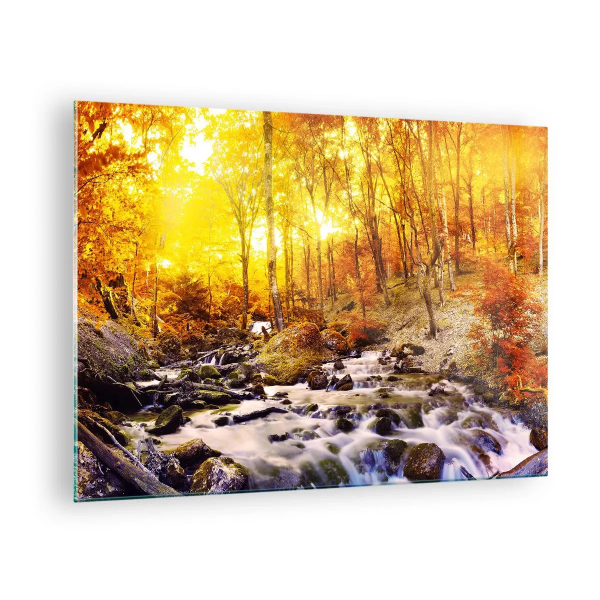 Schilderen op glas - Herfstbos met een rivier in de stralen van warm licht - 70x50cm - Stenen gezet in goud en platina - Moderne wanddecoratie voor woonkamer en slaapkamer ARTTOR