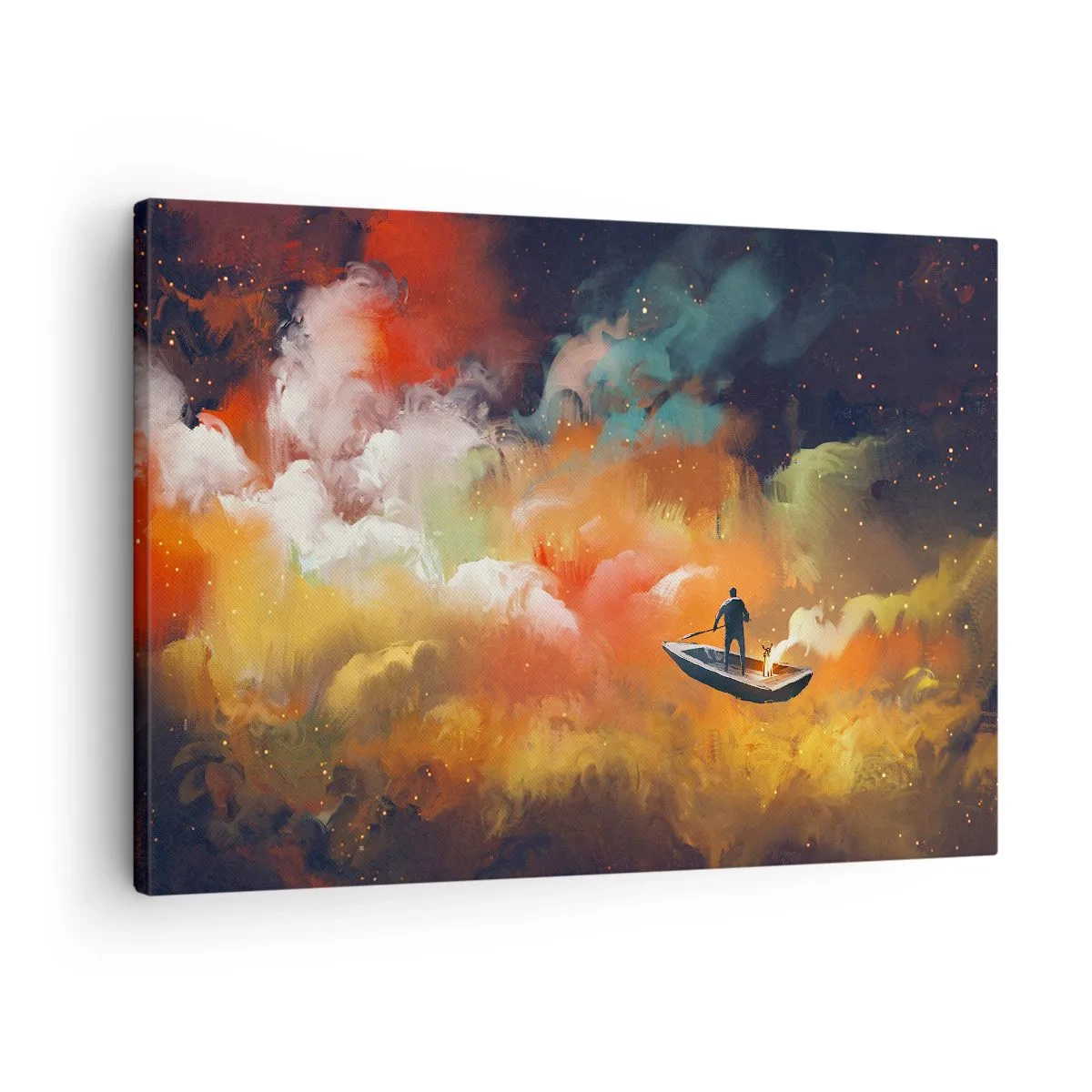 Schilderen op canvas - Een figuur in een boot tegen een achtergrond van kleurrijke wolken - 70x50cm - Met de boot door de sterrenstelsel - Moderne wanddecoratie voor woonkamer en slaapkamer ARTTOR