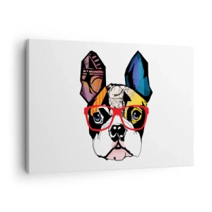 Schilderen op canvas - Bulldog in een kleurrijke illustratie met rode bril - 70x50cm - intellectueel - Moderne wanddecoratie voor woonkamer en slaapkamer ARTTOR