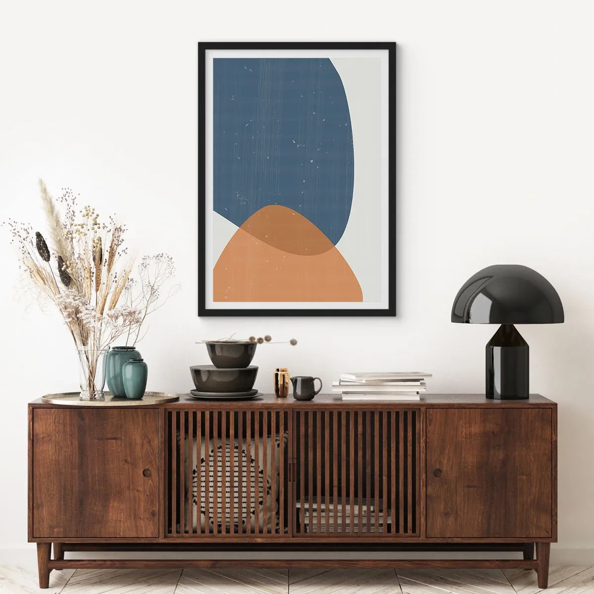 Poster in een zwarte lijst - Geometrie in tinten blauw en beige - 50x70cm - Ovalen en invloeden - Moderne wanddecoratie voor woonkamer en slaapkamer ARTTOR