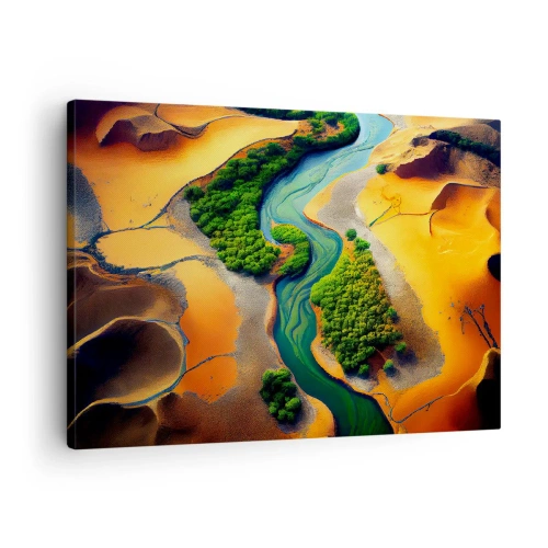 Schilderen op canvas - Een groene rivier omgeven door goudkleurig zand en vegetatie - 70x50cm - Levengevende rivier - Moderne wanddecoratie voor woonkamer en slaapkamer ARTTOR