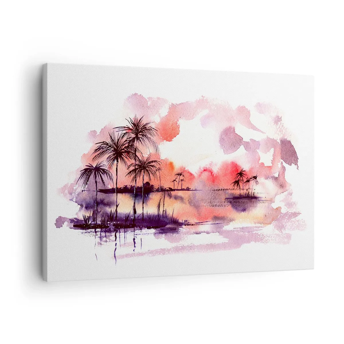 Schilderen op canvas - Tropisch landschap met palmbomen bij zonsondergang in aquarel - 70x50cm - De rust van de tropen in het rood - Moderne wanddecoratie voor woonkamer en slaapkamer ARTTOR