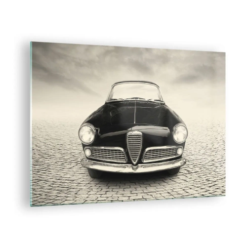 Schilderen op glas - Klassieke auto op kasseienweg in zwart-wit - 70x50cm - Je moet gewoon van me houden - Moderne wanddecoratie voor woonkamer en slaapkamer ARTTOR