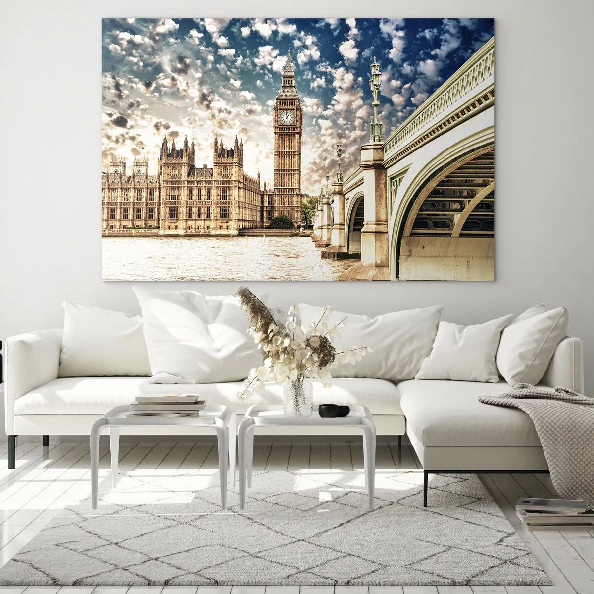 Schilderen op glas - Big Ben en Westminster Bridge in Londen - 70x50cm - Luchtige wolken boven de Theems - Moderne wanddecoratie voor woonkamer en slaapkamer ARTTOR