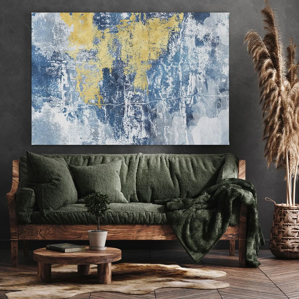 Schilderen op canvas - Abstractie in tinten blauw en geel - 70x50cm - Abstractie vol met weer - Moderne wanddecoratie voor woonkamer en slaapkamer ARTTOR