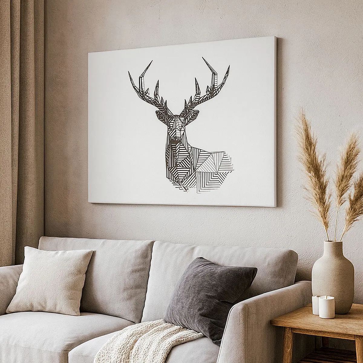 Schilderen op canvas - Geometrisch beeld van een hert in minimalistische zwart-witstijl - 70x50cm - Een hert in kubistische stijl - Moderne wanddecoratie voor woonkamer en slaapkamer ARTTOR