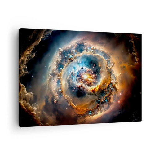 Schilderen op canvas - Een abstract beeld van een kosmische explosie in tinten goud en blauw. - 70x50cm - Begin - Moderne wanddecoratie voor woonkamer en slaapkamer ARTTOR