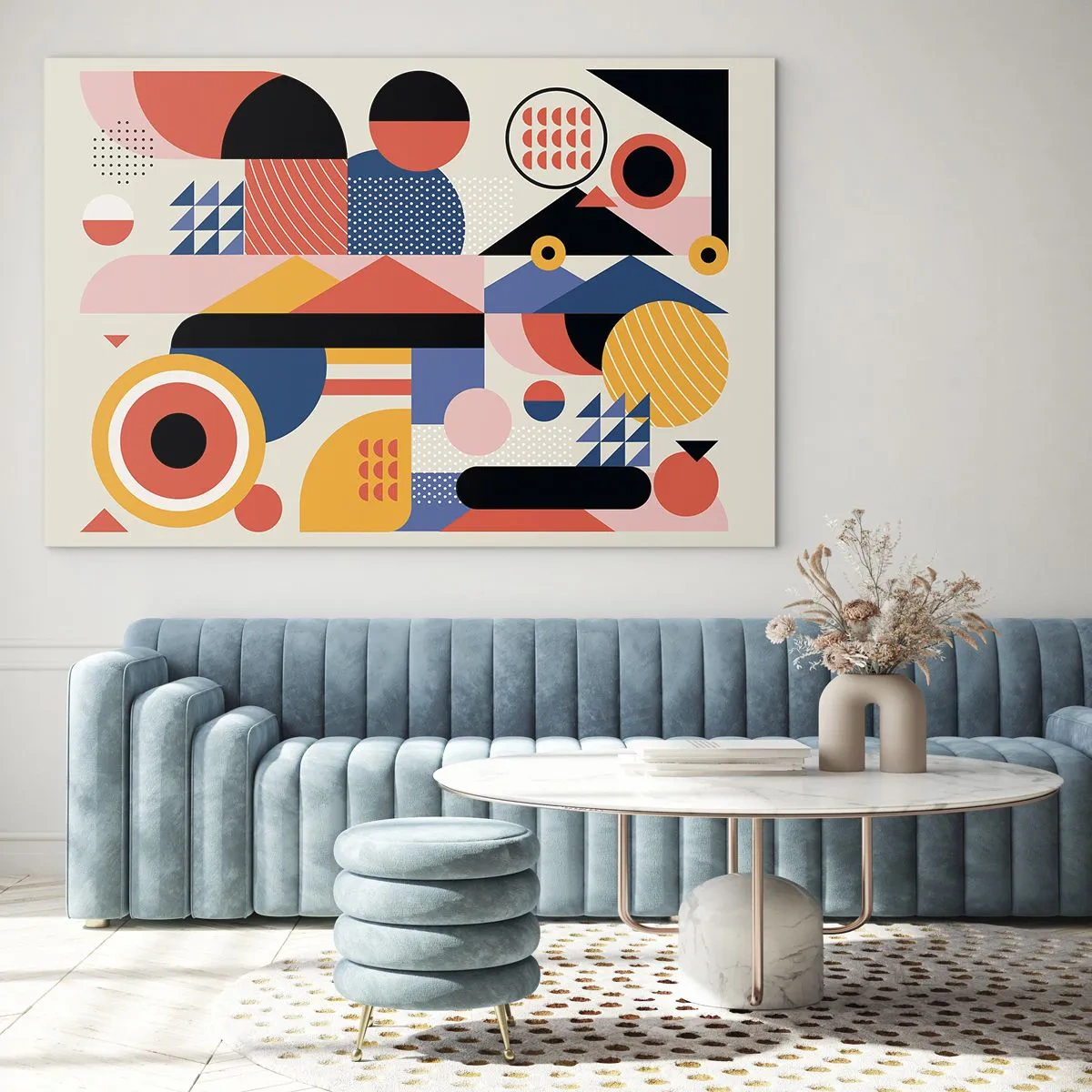 Schilderen op glas - Kleurrijke geometrische abstractie met cirkels en driehoeken - 70x50cm - Compositie: speel rond - Moderne wanddecoratie voor woonkamer en slaapkamer ARTTOR