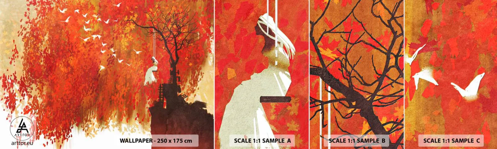 Fotobehang Monster Zelfklevend Deluxe Sticker - Zal hij met hen vliegen? - Abstractie, Vrouw, Vogels - 100x30 cm