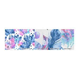 Fotobehang Monster Premium Canvas - Pluimen in roze en blauw - Vogelveer, Kleurrijke illustratie, Grafisch - 100x30 cm