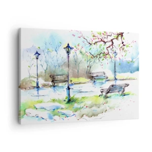 Schilderen op canvas - Aquarel parklandschap met bankjes en lampen - 70x50cm - De charme van de stilte van het park - Moderne wanddecoratie voor woonkamer en slaapkamer ARTTOR
