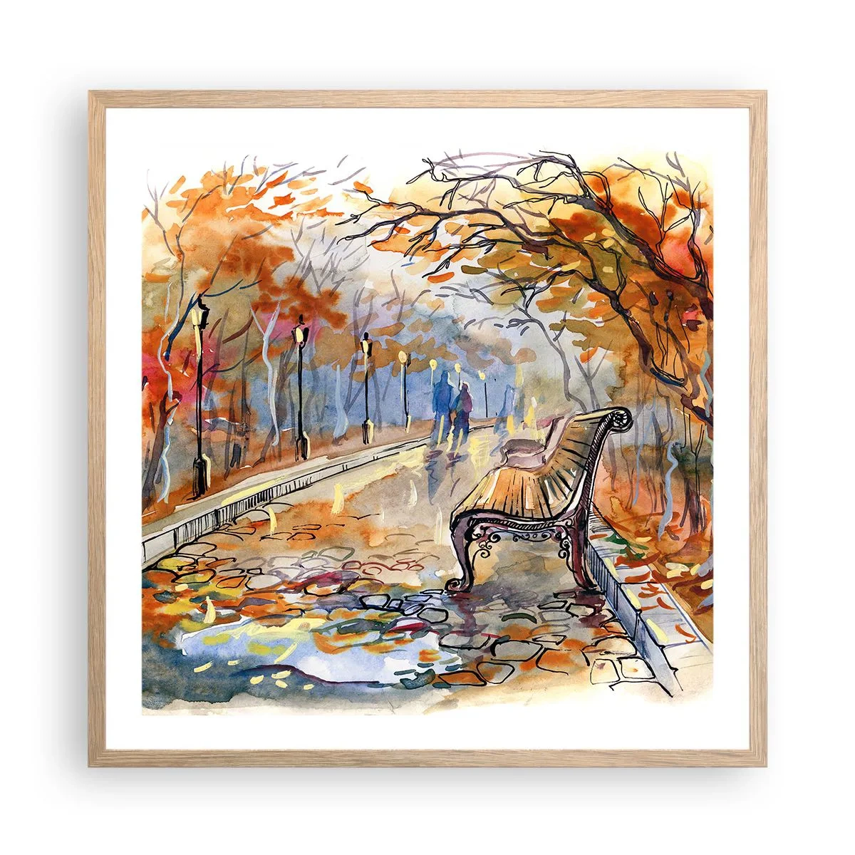 Een poster in een licht eiken lijst - Samen wandelen in de herfst - 60x60 cm
