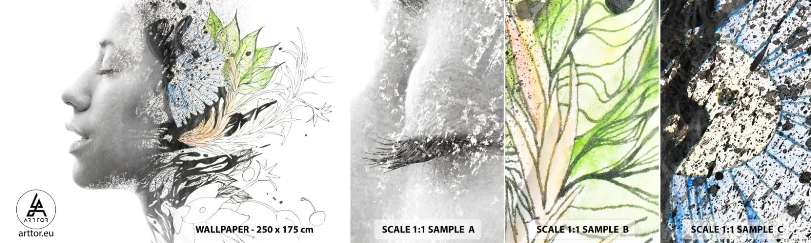 Fotobehang Monster Zelfklevend Deluxe Sticker - Ondergedompeld in de natuur - Abstractie, Het gezicht van de vrouw, Bloemen - 100x30 cm