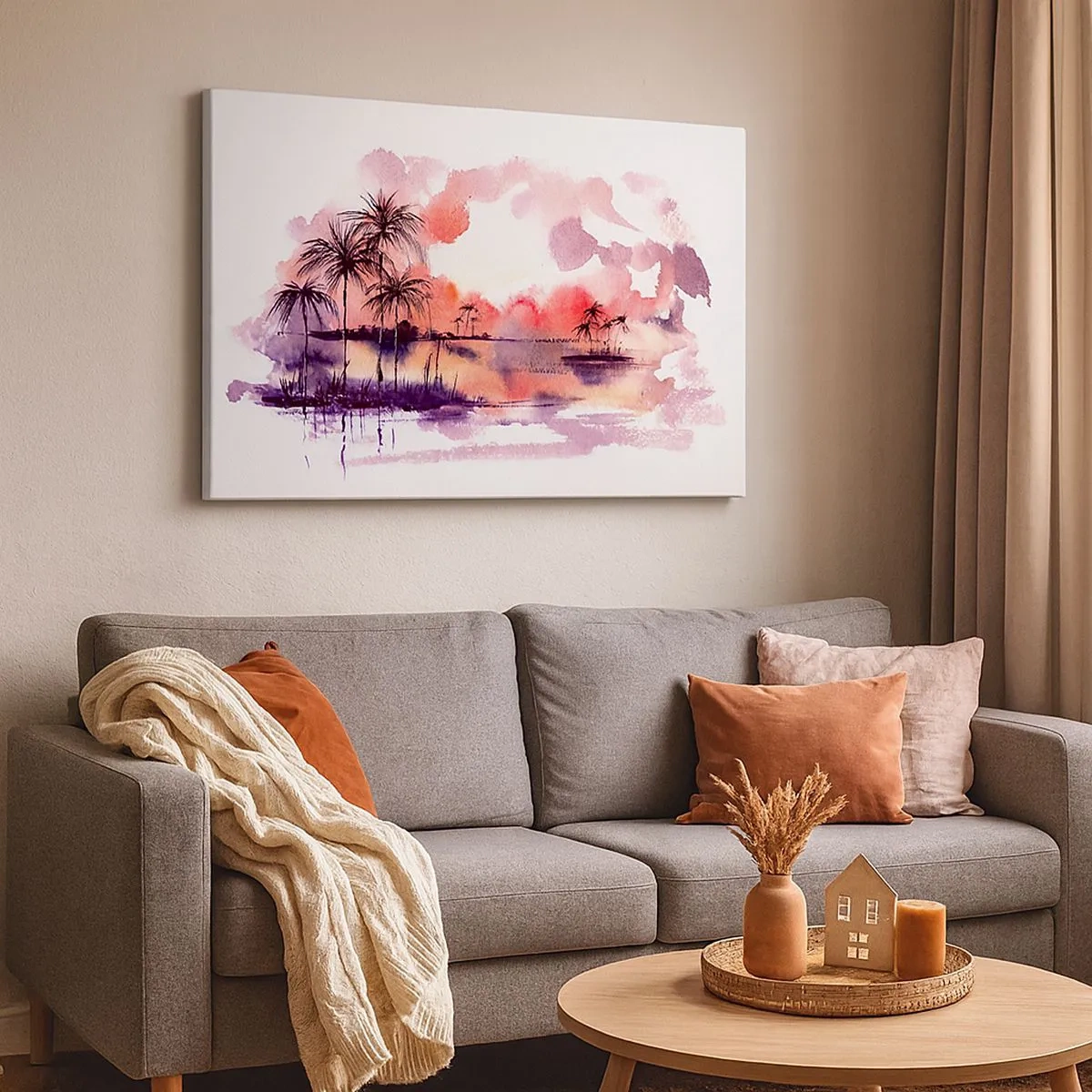 Schilderen op canvas - Tropisch landschap met palmbomen bij zonsondergang in aquarel - 70x50cm - De rust van de tropen in het rood - Moderne wanddecoratie voor woonkamer en slaapkamer ARTTOR