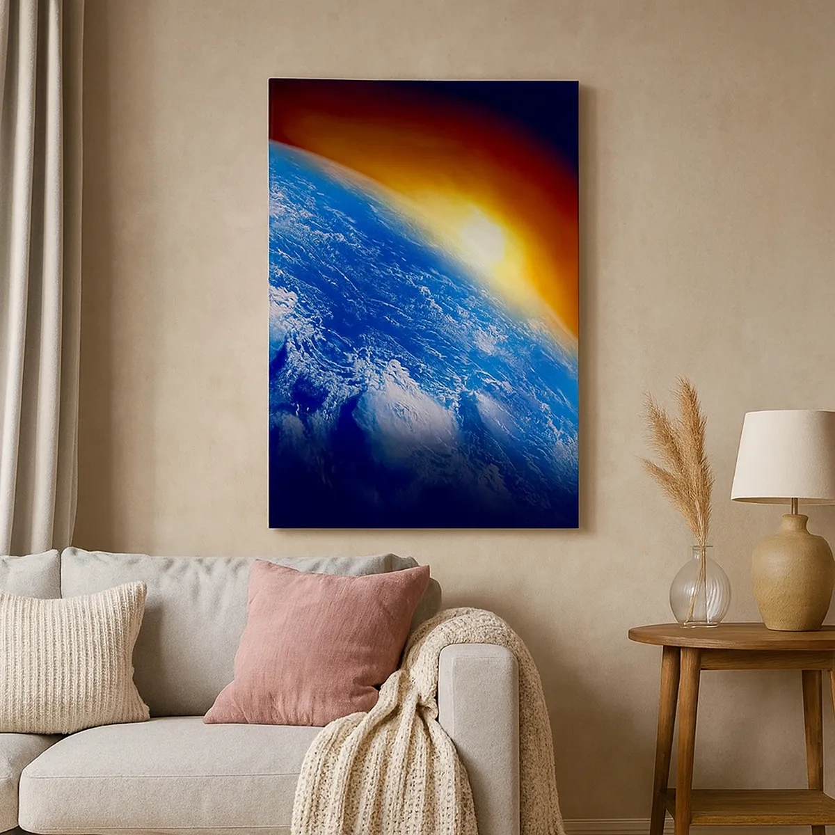 Schilderen op canvas - Zonsopgang boven de blauwe planeet - 50x70 cm