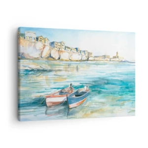 Schilderen op canvas - Een schilderachtig kustlandschap met boten op het water - 70x50cm - Azuurblauw landschap - Moderne wanddecoratie voor woonkamer en slaapkamer ARTTOR