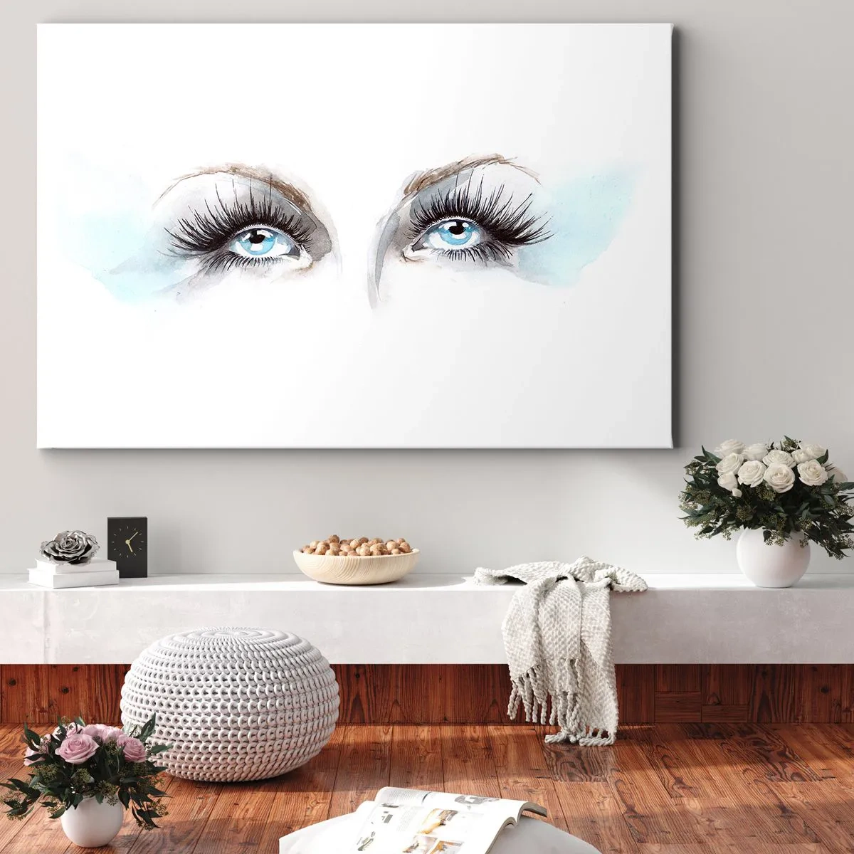 Schilderen op canvas - Aquarel met blauwe ogen en delicate accenten - 70x50cm - Ogen van een engel - Moderne wanddecoratie voor woonkamer en slaapkamer ARTTOR