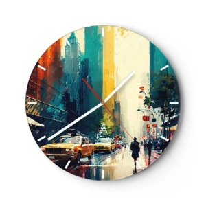 Wandklok - Klok - Een kleurrijke straat in New York met taxi's en voetgangers in de regen - 30x30cm - New York – zelfs de regen is hier kleurrijk - Moderne wanddecoratie voor woonkamer, keuken en slaapkamer ARTTOR