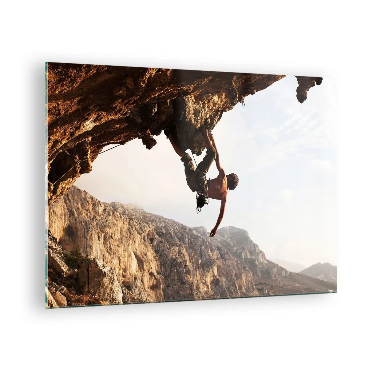 Schilderen op glas - Het beklimmen van een verticale rots in een berglandschap - 70x50cm - De wereld gekrompen in een hand op een rotsblok - Moderne wanddecoratie voor woonkamer en slaapkamer ARTTOR