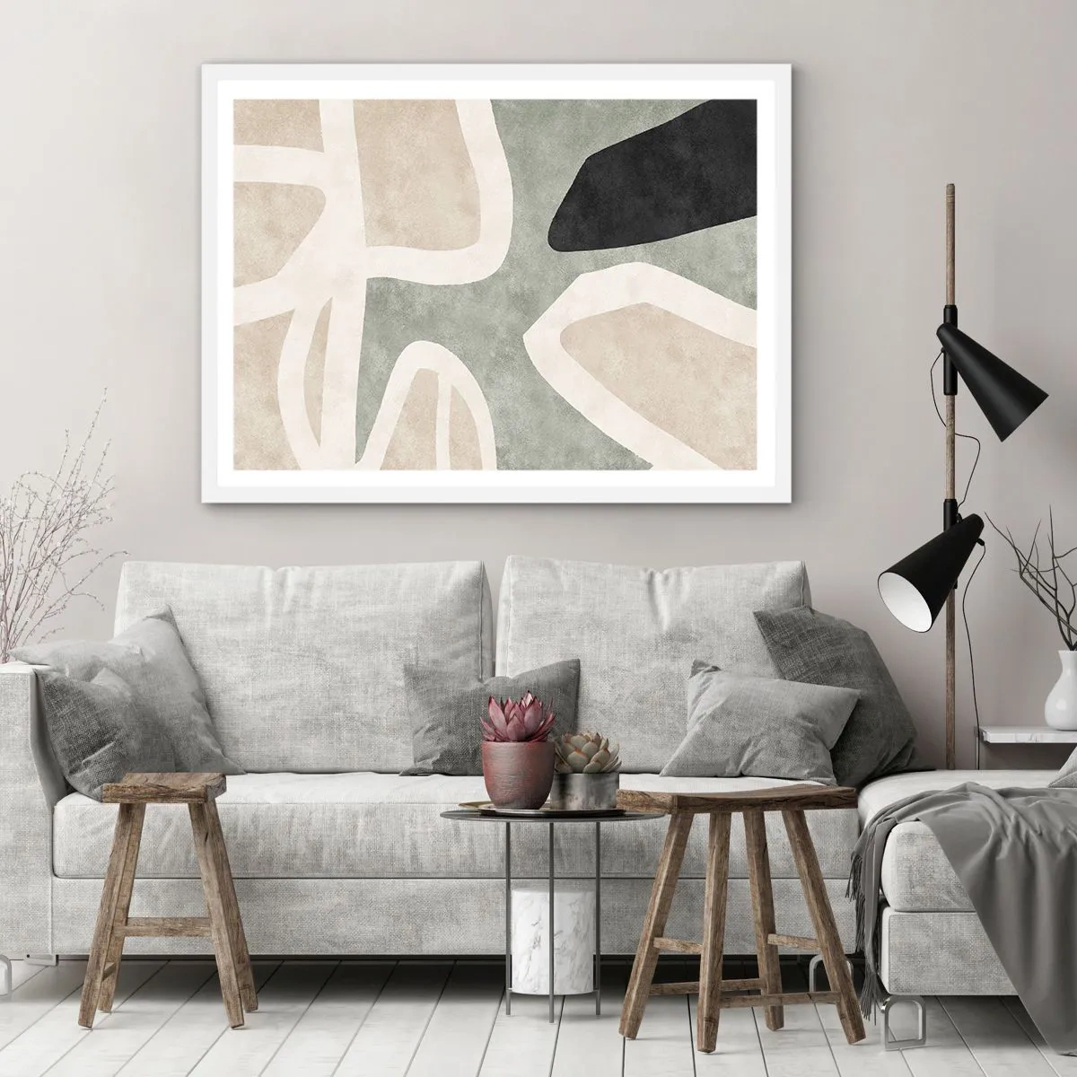 Poster in een witte lijst - Compositie met een zwart motief - 100x70 cm