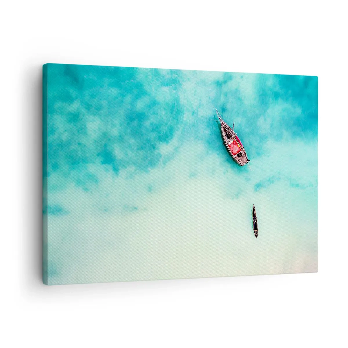 Schilderen op canvas - Boten op turquoise water gezien vanuit vogelperspectief - 70x50cm - Want op de stranden van Zanzibar, wanneer het teveel aan water ... - Moderne wanddecoratie voor woonkamer en slaapkamer ARTTOR