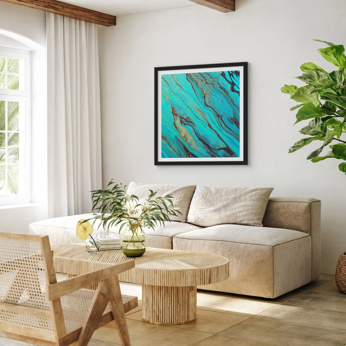 Poster in een zwarte lijst - Turquoise vloed - 40x40 cm