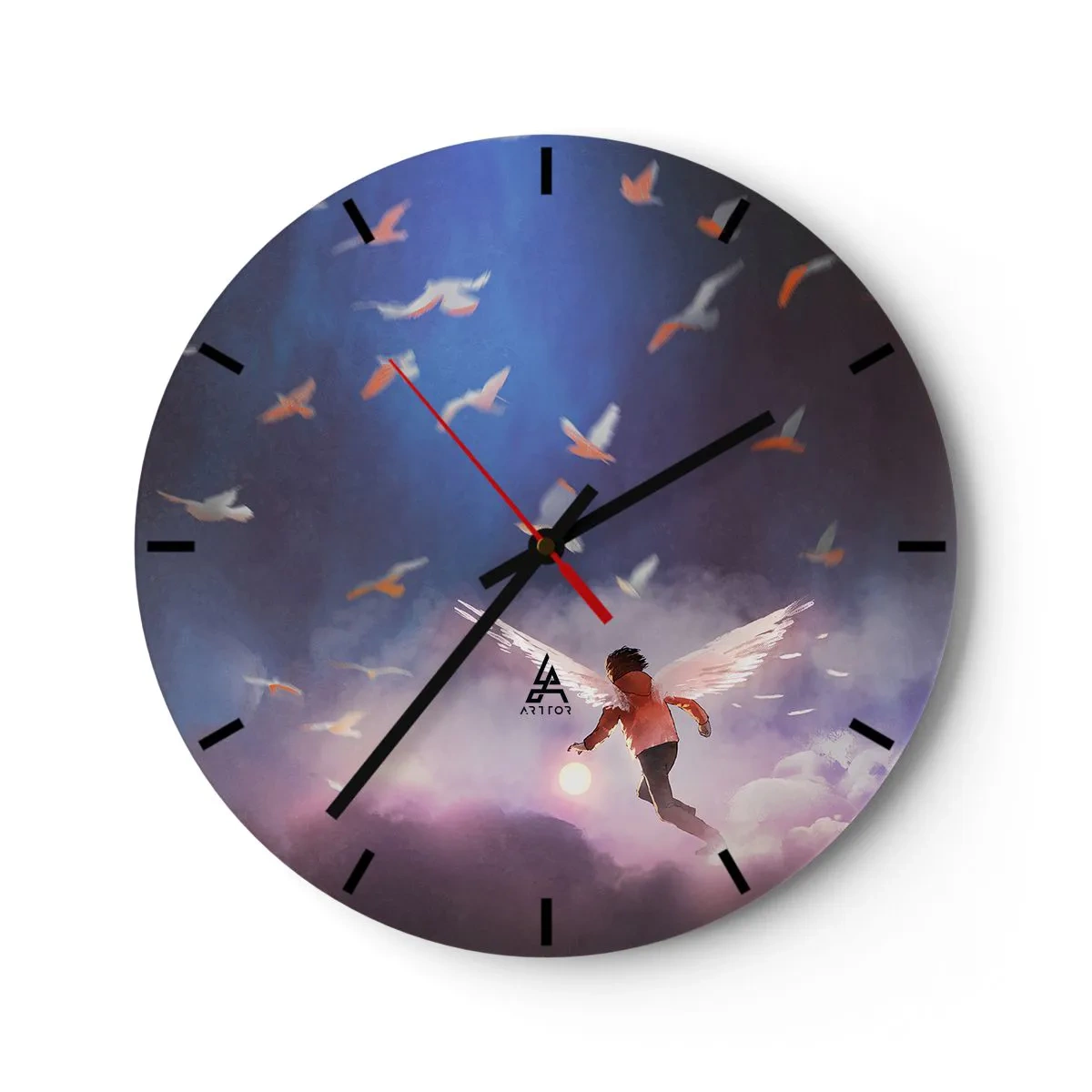 Wandklok - Klok - Een figuur met engelenvleugels tussen vogels tegen de lucht - 30x30cm - Je hebt verbeeldingskracht en moed nodig - Moderne wanddecoratie voor woonkamer, keuken en slaapkamer ARTTOR