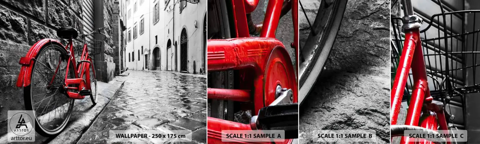 Fotobehang Monster Zelfklevend Deluxe Sticker - Echte schoonheid verveelt niet - Stad, Architectuur, Fiets - 100x30 cm