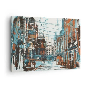 Schilderen op canvas - Een stadsgezicht in tinten blauw en oranje - 70x50cm - Een versleten stadspad - Moderne wanddecoratie voor woonkamer en slaapkamer ARTTOR