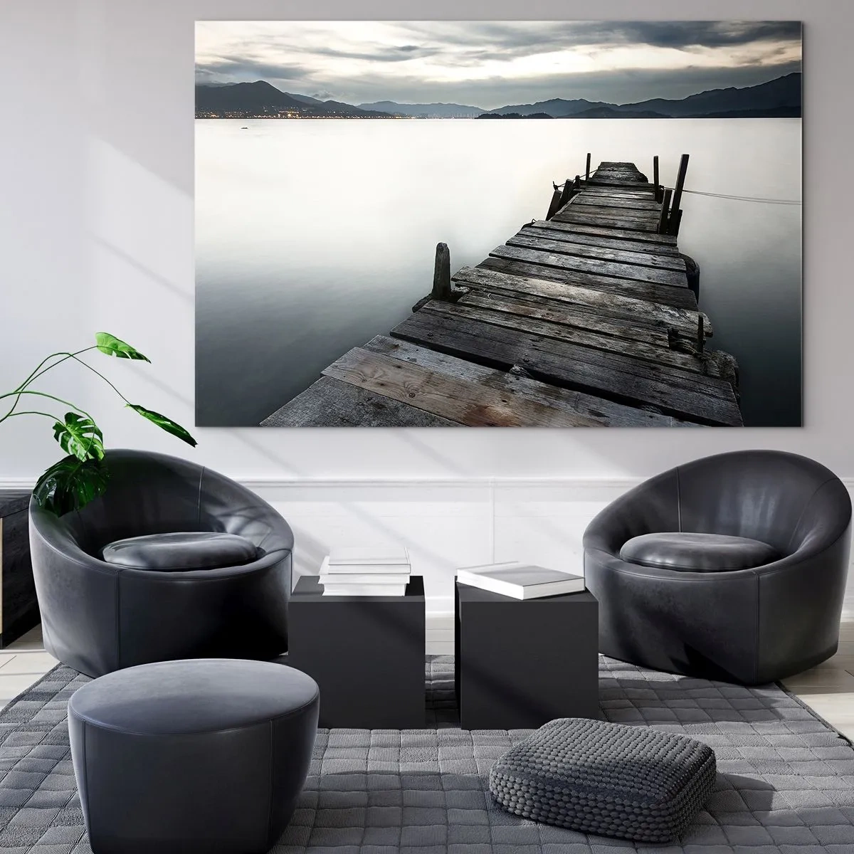 Schilderen op glas - Een houten steiger tegen de achtergrond van een kalm meer in de schemering - 70x50cm - Dompel je onder in vrede - Moderne wanddecoratie voor woonkamer en slaapkamer ARTTOR