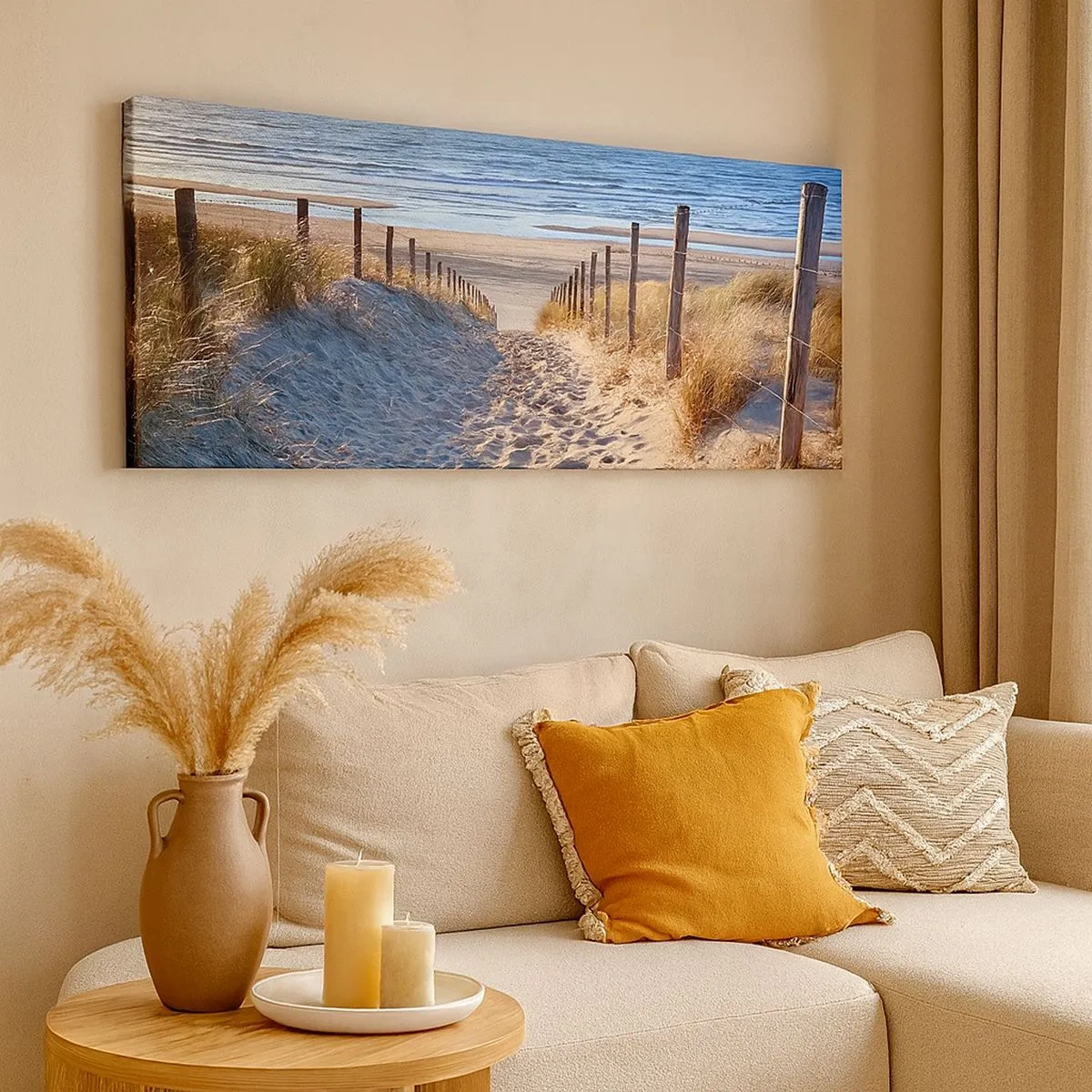 Schilderen op canvas - Het geluid van de zee, het zingen van vogels, een wild strand tussen het gras... - 100x40 cm