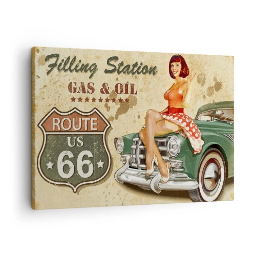 Schilderen op canvas - Retro Route 66-poster met pin-upgirl en auto - 70x50cm - De grote jaren 40. - Moderne wanddecoratie voor woonkamer en slaapkamer ARTTOR