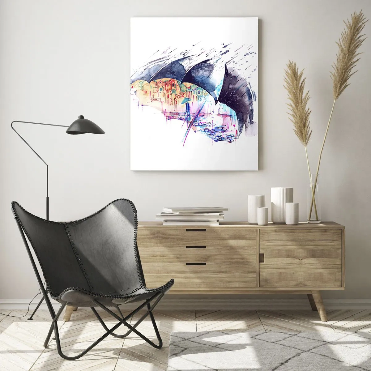 Schilderen op glas - Wandeling in de regen - 80x120 cm