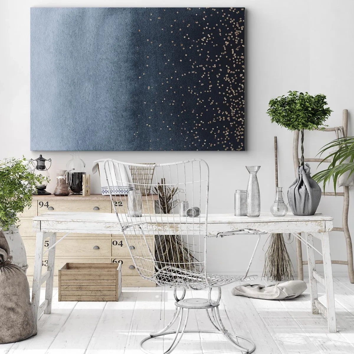 Schilderen op canvas - Blauwe gradiënten met subtiele gouden accenten - 70x50cm - Samenstelling - blauwe fasen - Moderne wanddecoratie voor woonkamer en slaapkamer ARTTOR