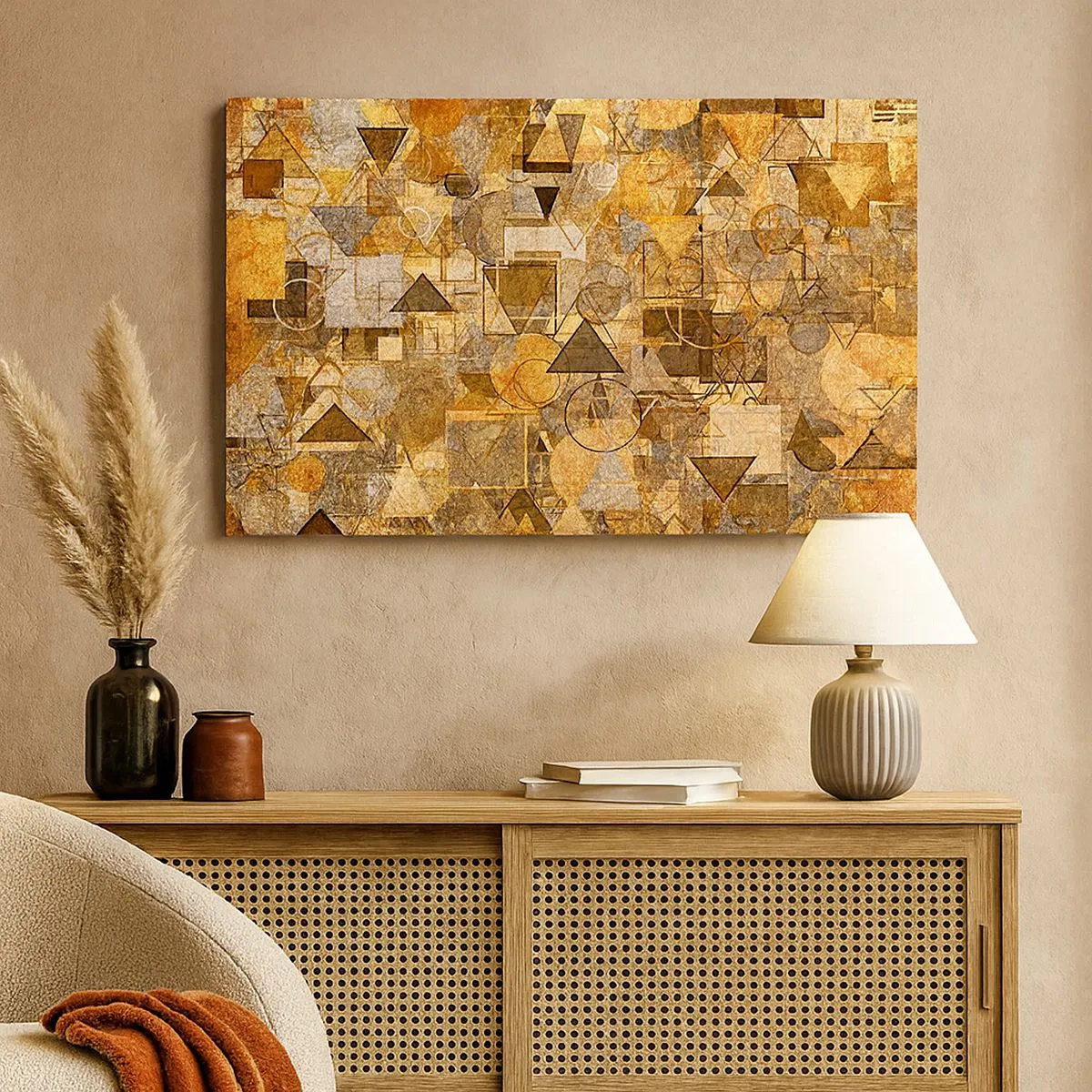 Schilderen op canvas - Abstracte geometrische patronen in goudtinten - 70x50cm - De wereld in vorm - Moderne wanddecoratie voor woonkamer en slaapkamer ARTTOR