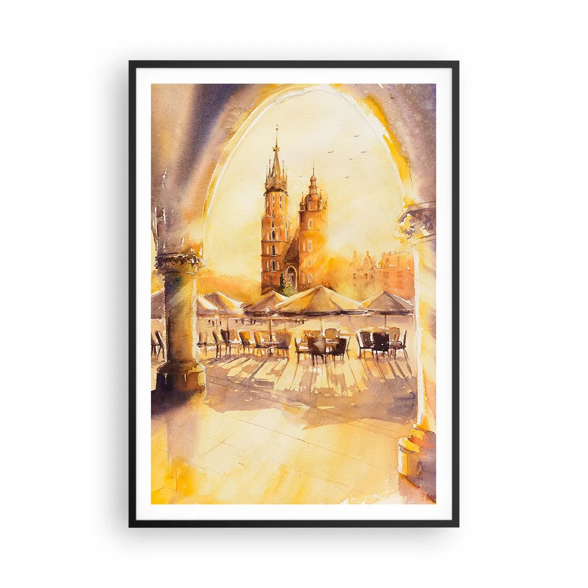 Poster in een zwarte lijst - Zonsopgang boven het marktplein van Krakau - 70x100 cm