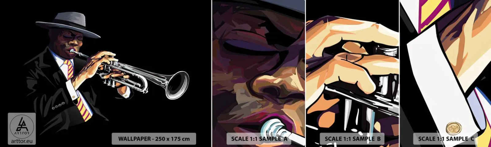 Fotobehang Monster Zelfklevend Deluxe Sticker - Charme van oude school - Muziek, Jazz, Trompet - 100x30 cm