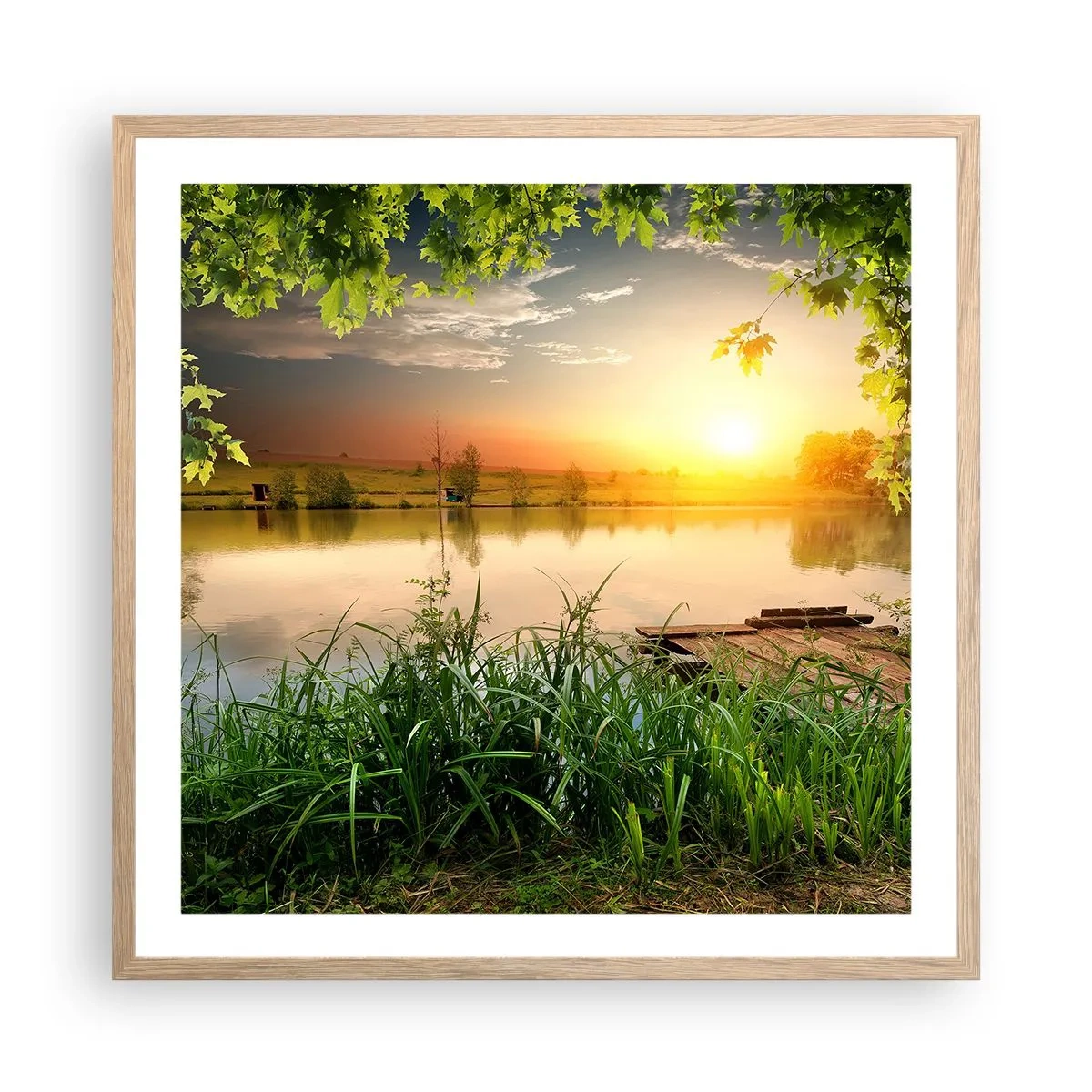 Een poster in een licht eiken lijst - Landschap in een groen kader - 60x60 cm