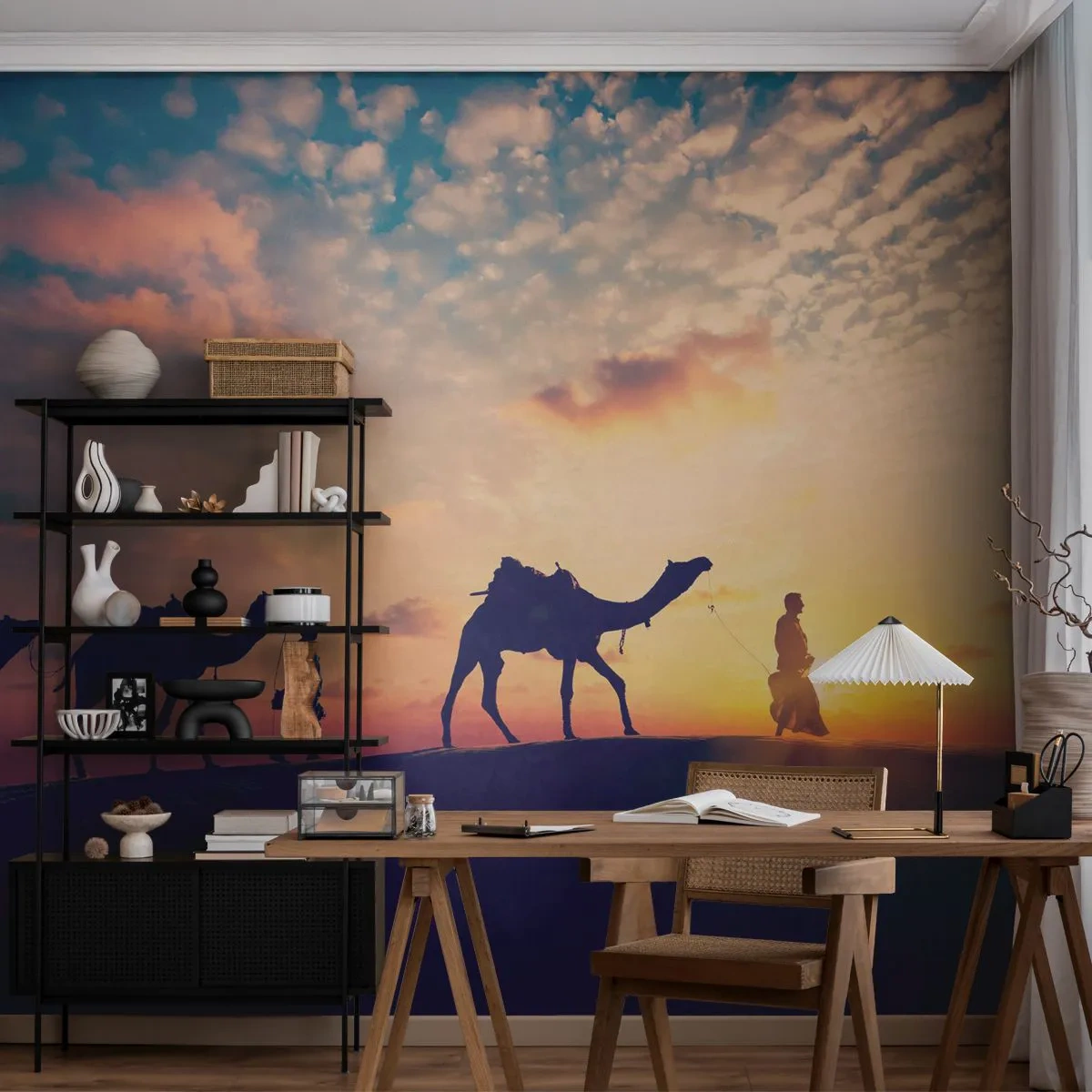 Zelfklevend Fotobehang Deluxe Sticker - De mysterieuze geest van het Oosten - Landschap, Woestijn, Kameel - 250x175 cm