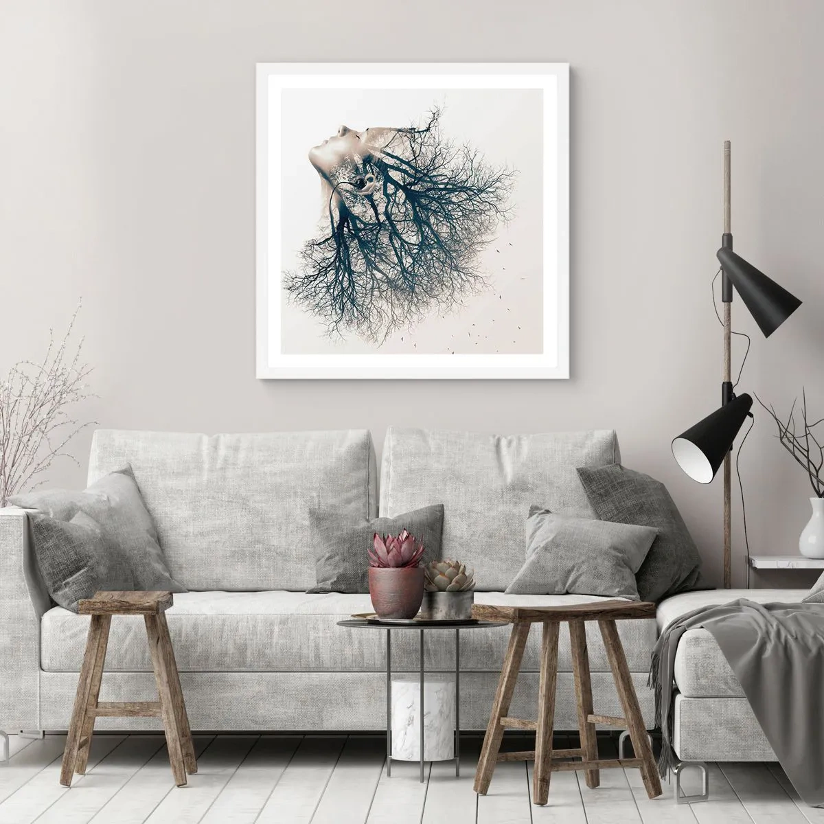 Poster in een witte lijst - Luisteren naar het gefluister van bomen - 50x50 cm