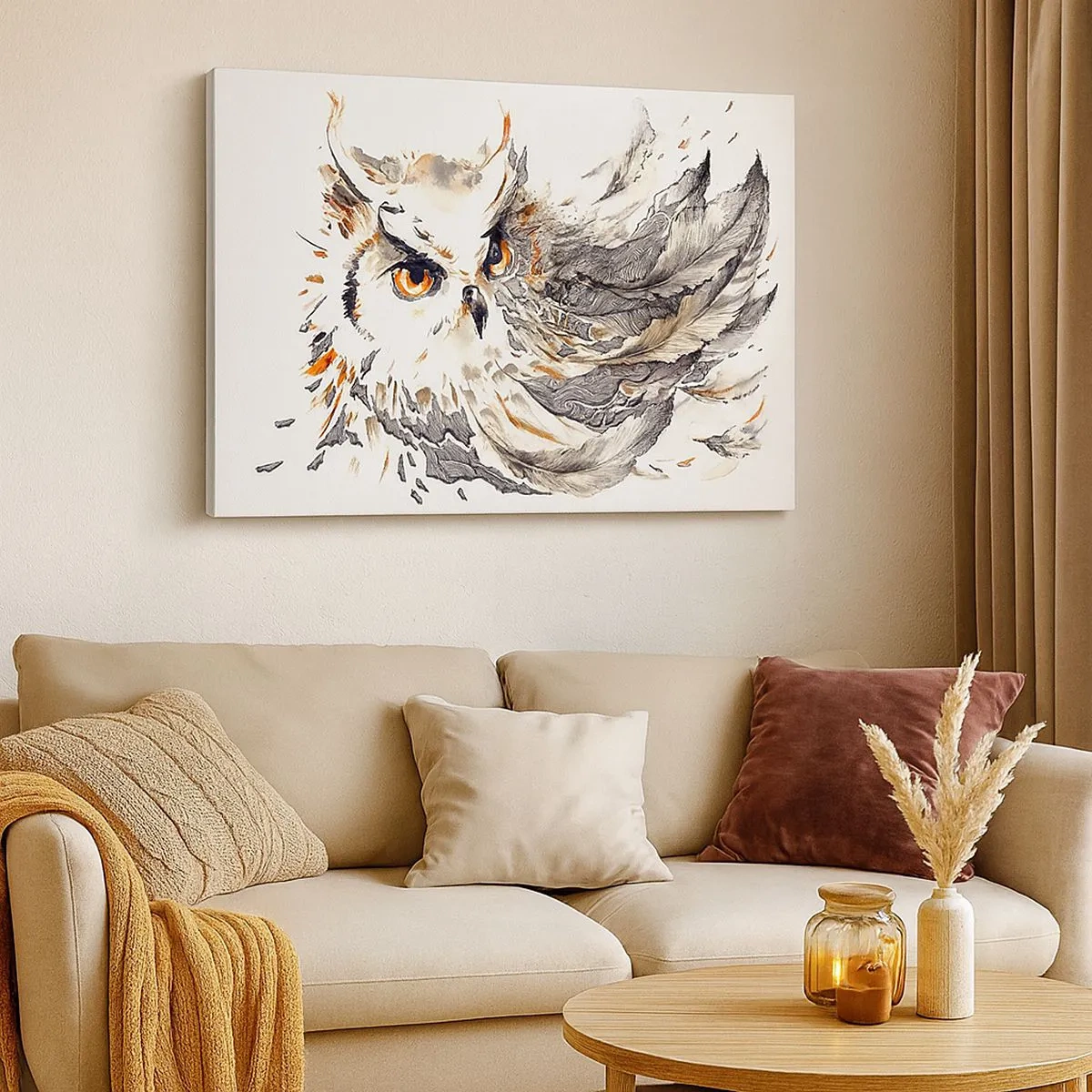 Schilderen op canvas - Een uil met mystieke veren in een artistieke aquarelvorm - 70x50cm - Ze kwam uit de wereld van magie - Moderne wanddecoratie voor woonkamer en slaapkamer ARTTOR