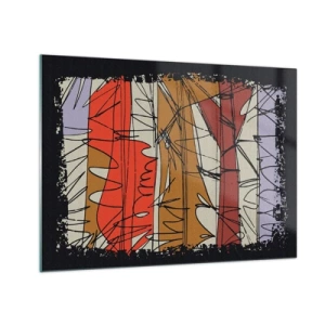 Schilderen op glas - Grafische abstractie met gekleurde strepen en zwarte lijnen - 70x50cm - Spontane compositie - Moderne wanddecoratie voor woonkamer en slaapkamer ARTTOR