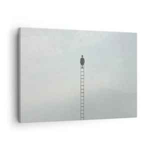 Schilderen op canvas - Een man op een ladder die de lucht in stijgt - 70x50cm - Stap verder op! - Moderne wanddecoratie voor woonkamer en slaapkamer ARTTOR