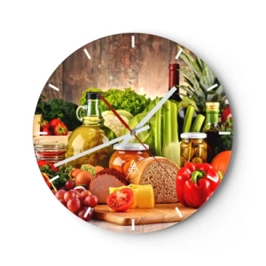 Wandklok - Klok - Verschillende voedselproducten op een houten achtergrond - 30x30cm - Gerookt, gebakken en gemarineerd - Moderne wanddecoratie voor woonkamer, keuken en slaapkamer ARTTOR