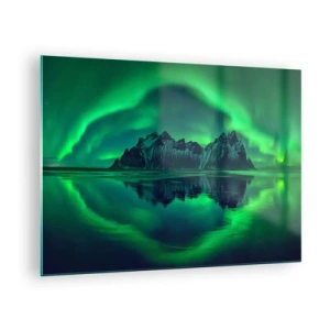 Schilderen op glas - Het noorderlicht hangt boven een berglandschap en wordt weerspiegeld in het water - 70x50cm - In de armen van de aurora - Moderne wanddecoratie voor woonkamer en slaapkamer ARTTOR